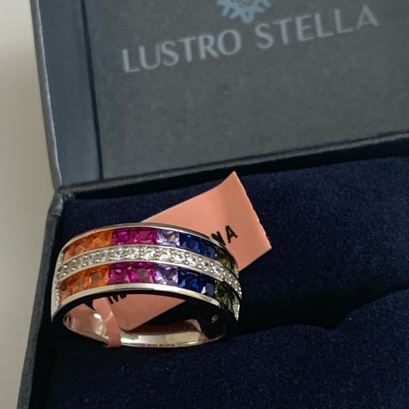 Lustro Stella 925 Sterling Silver Rainbow CZ Band Ring | Multi-Color Gemstone - Picture 1 of 7